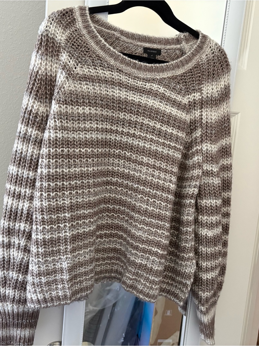 Halogen Taupe & White Striped Crewneck Sweater
